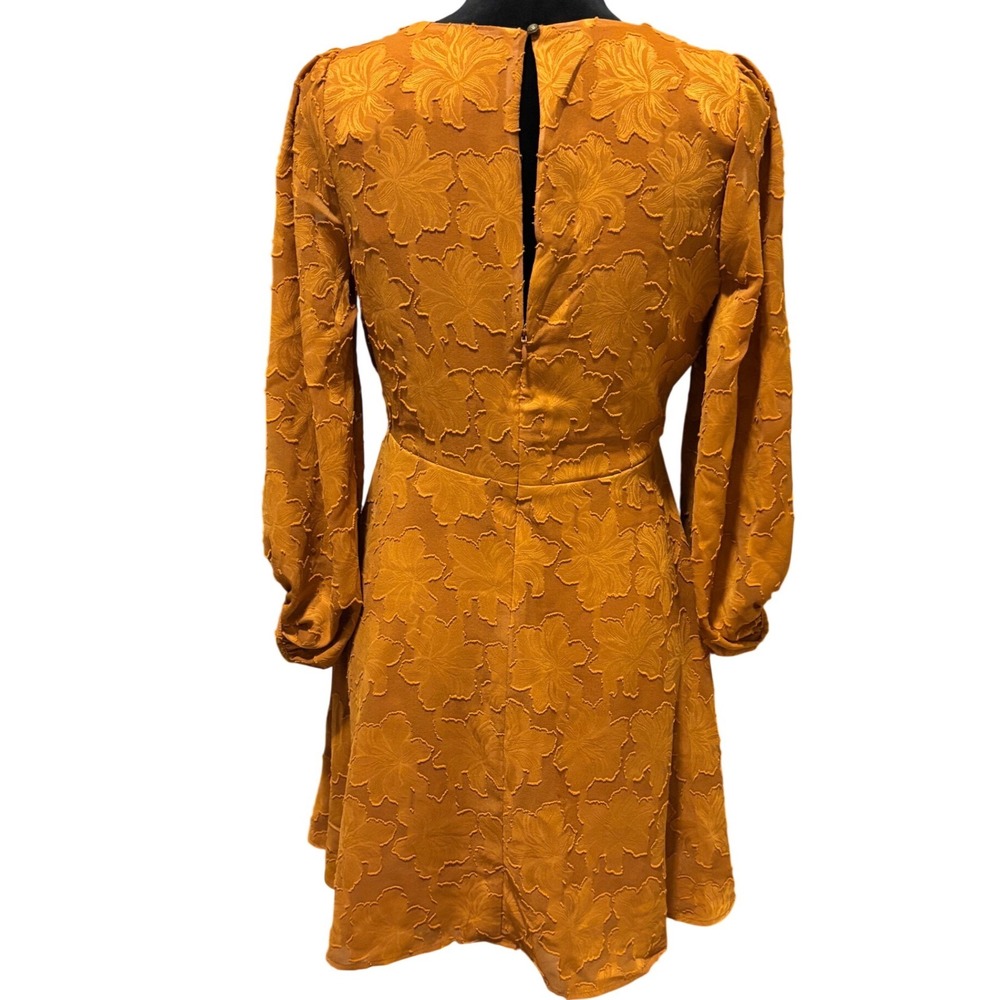 Anthropologie Mini Dress Womens 4 Dark Orange Gold Floral V-Neck Bishop Sleeve - Picture 4 of 8